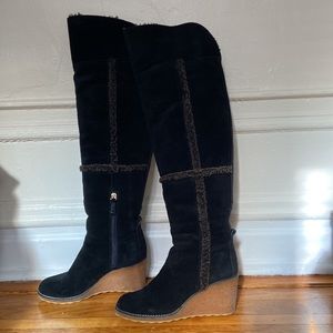 Tory Burch Black Suede Shearling Wedge Over the knee Boots
